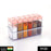 Plastic spice jars in assorted colors, arranged neatly