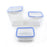 Plastic storage jars with air-tight lids for kitchen use.