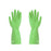 Green rubber gloves designed for cleaning purposes.