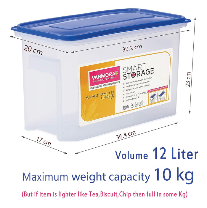Varmora Smart Storage Containers | Rectangular Plastic Design | Clear Body | Airtight & BPA-Free | 10 KG & 15 KG Capacity