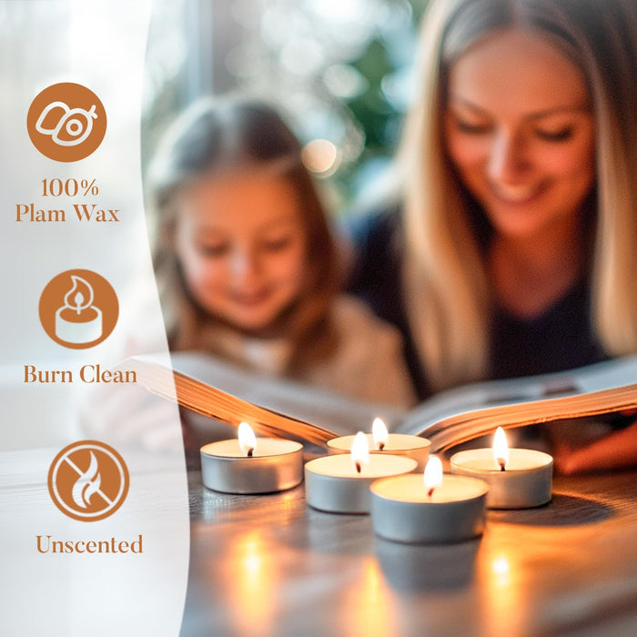 Tea Light Candles – 50 Pack, 4+ Hour Unscented Smokeless Tealights for Home & Events