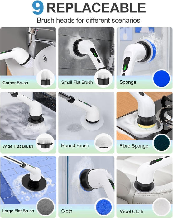 9-in-1 Rechargeable Electric Spin Mop | Versatile Power Scrubber for Bathroom, Floor, Tiles & More | Handheld Cleaning Brush with Interchangeable Heads for Home & Office Use