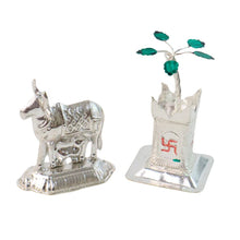 Silver-Plated Kamdhenu Cow & Tulsi Plant Pair – Pooja & Home Décor