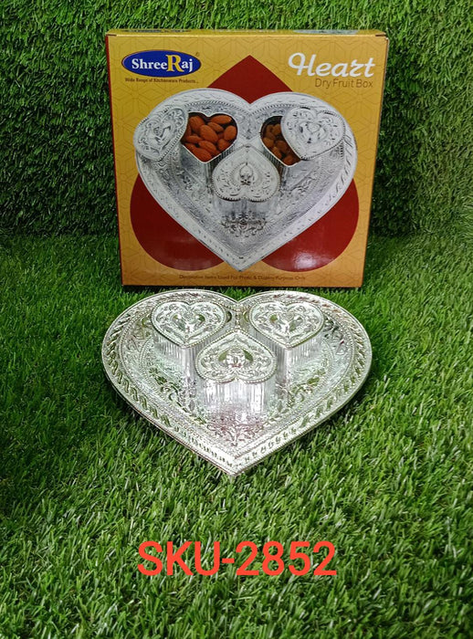 Heart-Shaped 3-Section Tray – Silver Oxidized Finish | Ideal for Dry Fruits, Chocolates, Mouth Fresheners & More