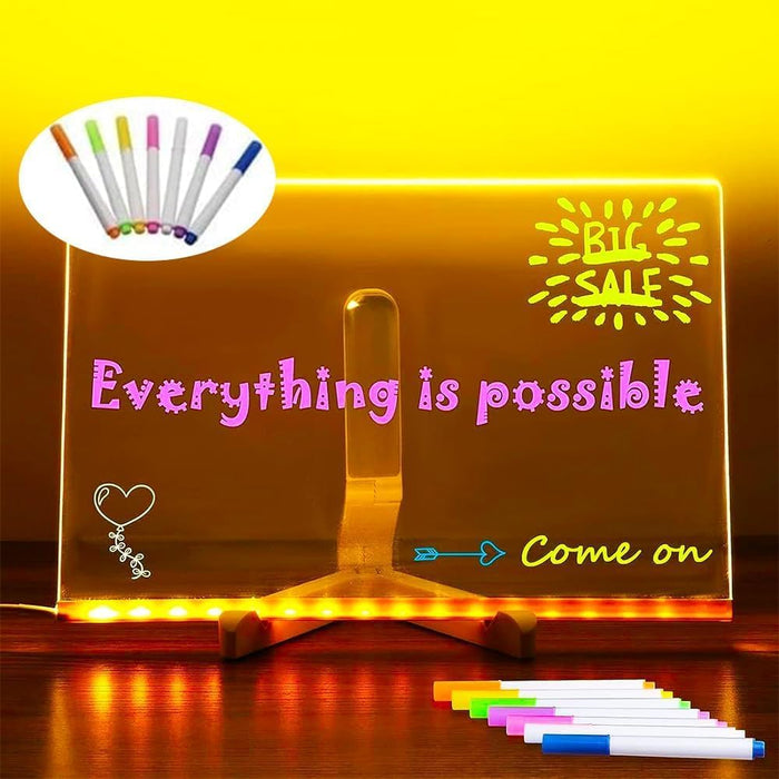 LED Acrylic Message Board with Colorful Lights | Illuminated Dry Erase Board with Stand & 7 Neon Markers for Notes, Memos, Doodles & More (15*15cm)