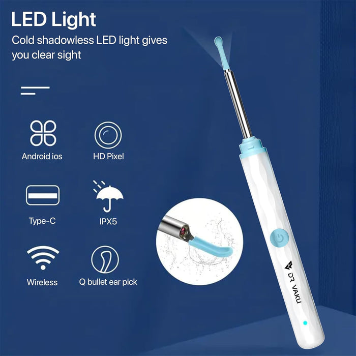 Smart Ear Cleaner Kit with HD Camera & WiFi – 6 LED Endoscope Tool for Android/iOS + 11 Free Silicone Tips (White)
