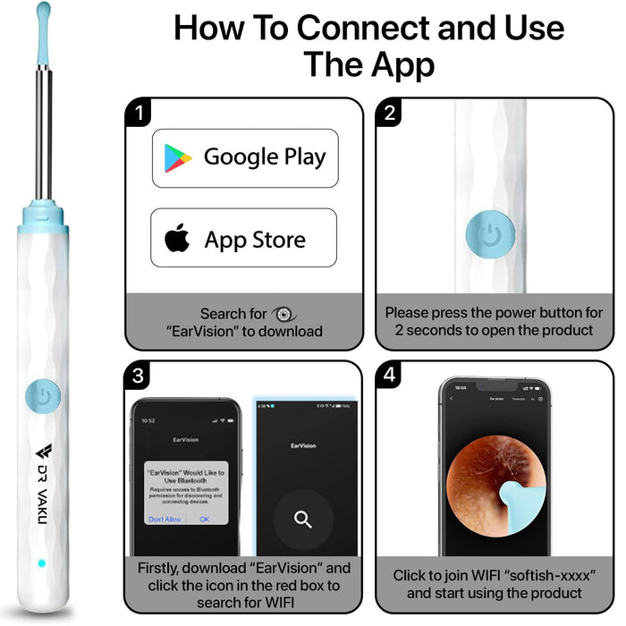 Smart Ear Cleaner Kit with HD Camera & WiFi – 6 LED Endoscope Tool for Android/iOS + 11 Free Silicone Tips (White)