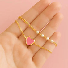 Dainty White, Sky Blue & Pink Heart Pearl Bracelet