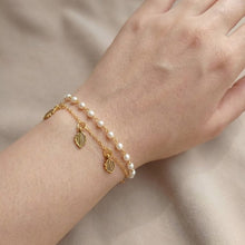 White Pearls Bracelet with Charm Big Leaf