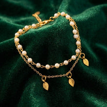 White Pearls Bracelet with Little Leaf Charm